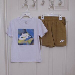 NWT 2pc Nike White Blue Beige Shirt & Beige Shorts Set sz 24 Months